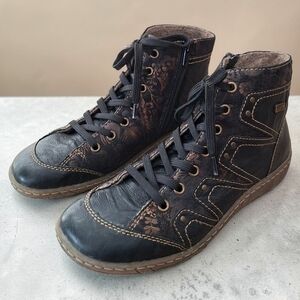 Remonte Black Leather Boots Ankle Booties Short Ankle Shoeties Side Zip Lace Up